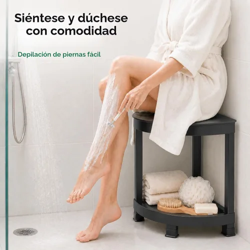 Vista 2 de CROWNFURN Reposapiés de ducha, taburete de ducha impermeable HIPS para ducha interior, banco de ducha de esquina para afeitarse piernas con estante