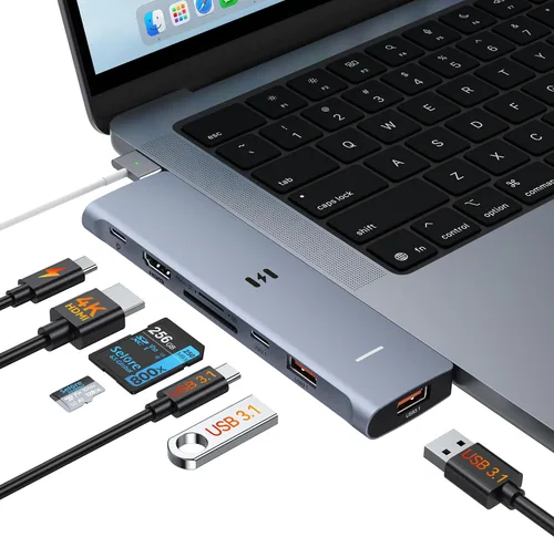 Vista 17 de Adaptador HDMI USB C Hub para MacBook Pro/Air, Dongle USBC 7 en 1 con HDMI, lector de tarjetas microSD/SD, puerto de datos USB C, 100 W PD y 2 USB