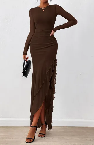 Vista 7 de BTFBM Maxi vestidos de mujer otoño 2026 manga larga vestido de invitada de Café