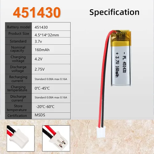 Vista 4 de YDL 3.7V 160mAh 451430 Lipo batería recargable batería de iones de polímero de litio con conector JST