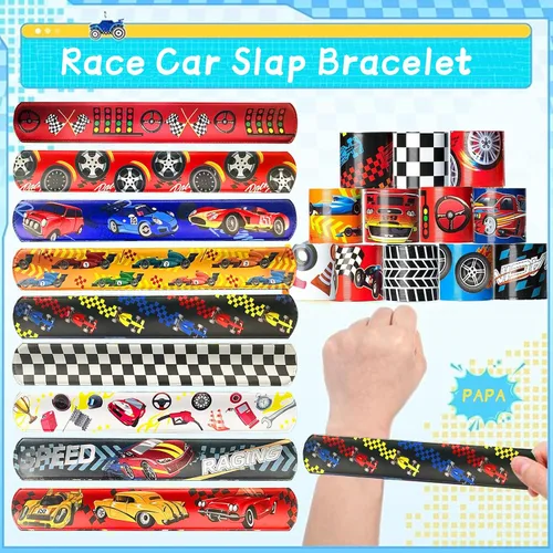 Vista 6 de CZWXOXO 24 Piezas Decoraciones de Fiesta de Coches de Carreras Favores Pulsera de Carreras Pulseras de Carreras Pulseras de Palmada a Cuadros