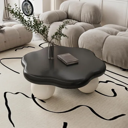 Vista 14 de Mesa de centro Cloud de 47.2 pulgadas con 3 patas de bola, moderna mesa central irregular para sala de estar, mesa de té pequeña baja y bonita