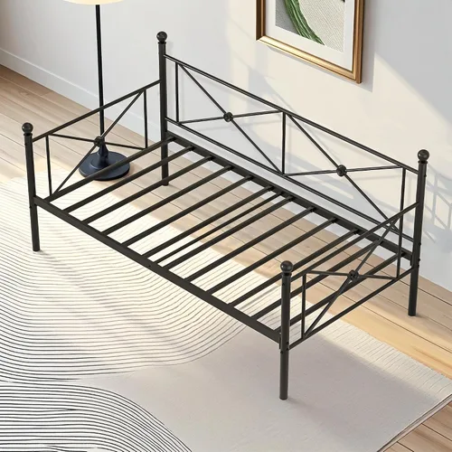 Vista 4 de VECELO Marco de cama de día con cabecero, plataforma de soporte de listones de metal resistente para sala de estar, habitación de invitados, fácil