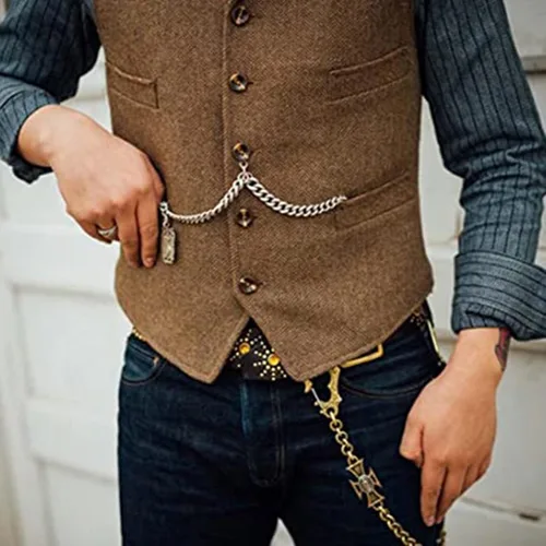 Vista 6 de Chaleco clásico de lana en espiga para hombre, casual, sin mangas, chaqueta de Tweed, chaleco de vestir para boda y novio, talla grande