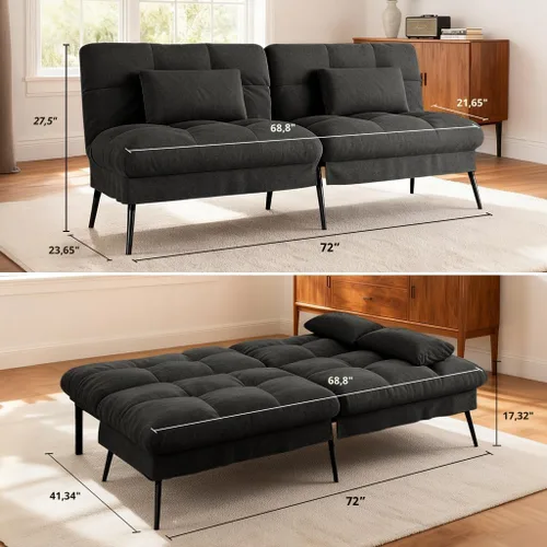Vista 3 de COMHOMA Sofá cama tipo futón convertible, sofá futón de tela de 72 pulgadas con respaldo ajustable, reclinable plegable para muebles de sala de Negro