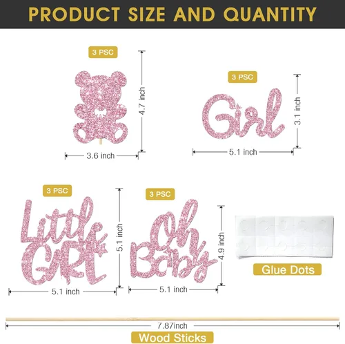 Vista 2 de 12 palos de centro de mesa para niña, oso de muñeca rosa con purpurina para niña, baby shower, suministros para fiesta de revelación de género