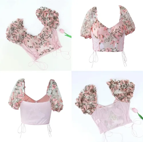 Vista 6 de Swbreety Camiseta de manga abombada bordada floral para mujer, ajustada, corsé corto, sexy, bustier