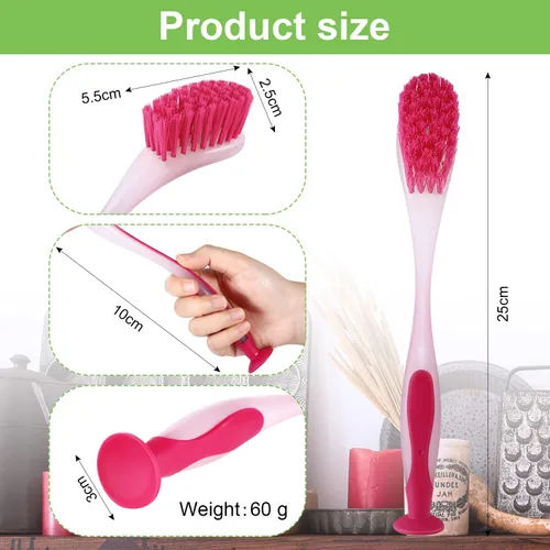 Vista 2 de 5 cepillos largos para platos con asa, cepillo para lavar platos de colores surtidos con ventosa, herramienta de limpieza multiusos para cocina