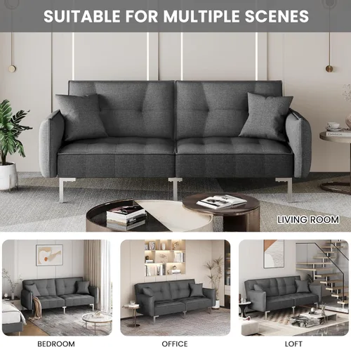 Vista 5 de Yaheetech Sofá cama, sofá cama, sofá convertible moderno, futón, sofás, cama, plegable, de tela de lino, sillón reclinable para sala de estar, gris