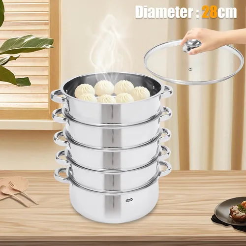 Vista 4 de Cocina de vapor de acero inoxidable de 5 capas, vaporizador de 11 pulgadas para cocinar alimentos, tapa de vidrio, adecuada para tamales, verduras