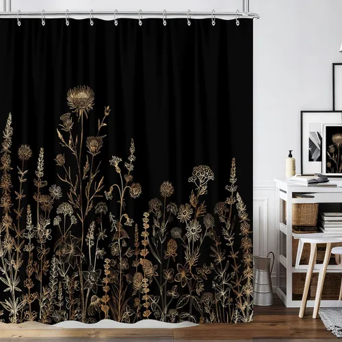 Vista 21 de Cortina de ducha de mariposa floral negra y dorada, cortina de ducha bohemia con diseño botánico de flores oscuras para baño con gancho, juego