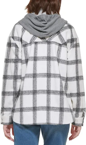 Vista 4 de Calvin Klein Chaqueta tipo camisa a cuadros para mujer con babero de forro polar desmontable, MascarponeNegro Combo