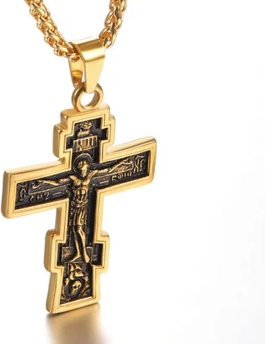 Vista 3 de U7 Colgante de cruz ortodoxa rusamanos rezandosigno de Ichthys para hombres y mujeres, acero inoxidable chapado en oro de 18 quilates, collar