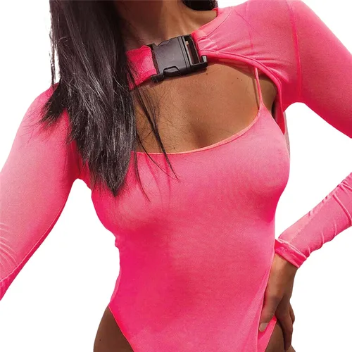 Vista 4 de Camisetas Rave para mujer de malla transparente manga larga con hebilla