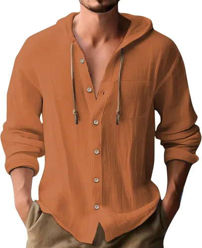 Vista 23 de Camisas de lino para hombre, casual, con botones, de verano, algodón, lino, con capucha, para playa, manga larga, con capucha