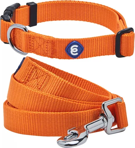 Vista 8 de Blueberry Pet Essentials - Juego de arnés de correa para perro a juego en naranja bermellón, collar de nailon clásico ajustable de color sólido