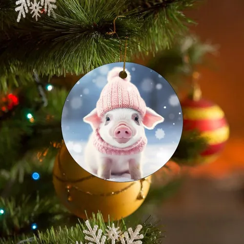 Vista 7 de Adorno de animales de granja, cerdo, adornos para árbol de Navidad, animales de granja para niños y niñas, decoración redonda de cerámica
