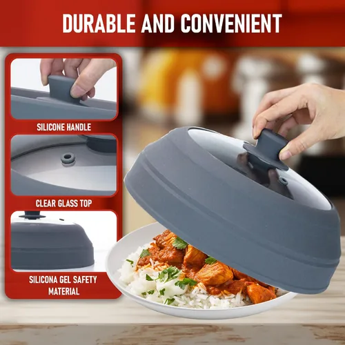 Vista 9 de Javson Cubierta de vidrio para microondas para alimentos, tapa grande de vidrio templado y silicona de 10.8 pulgadas, resistente al calor, protector