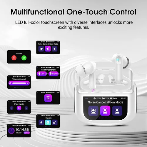 Vista 4 de Auriculares inalámbricos, auriculares Bluetooth 5.4 con pantalla táctil multifunción y 5 modos de ecualización, auriculares de 48H con graves