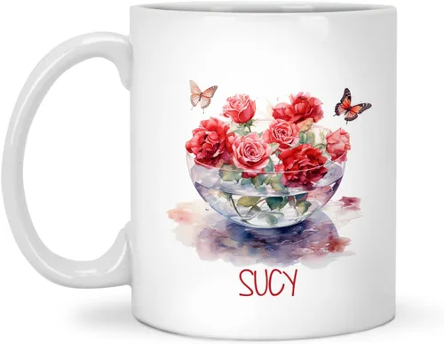Vista 11 de Tazas de cerámica personalizadas del cubo de rosas con nombre, Taza de flores, Taza de café de flores de rosas personalizadas, Taza de té floral