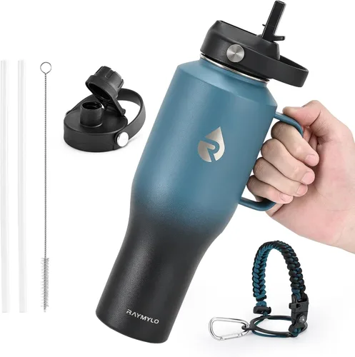 Vista 2 de RAYMYLO Botella de agua aislada de 128 onzas (índigo/negro) + botella de agua aislada para automóvil con asa de 40 onzas (índigo/negro)