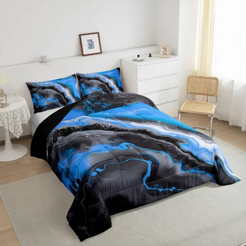 Vista 3 de Feelyou Juego de edredón abstracto para todas las estaciones, juego de ropa de cama negro y azul con 1 funda de almohada con estampado de mármol