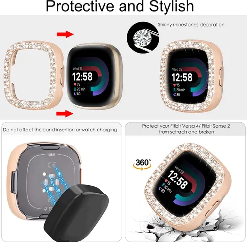 Vista 2 de MOFREE Compatible con Fitbit Versa 4 bandas/Fitbit Sense 2 bandas para mujeres con funda protectora de parachoques duro, joyería elegante pulsera