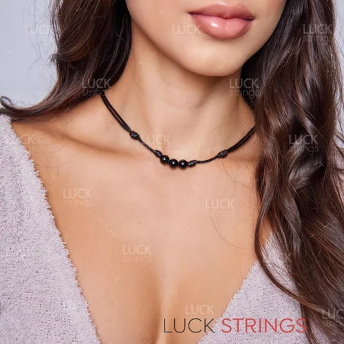 Vista 2 de Collar de perlas de turmalina anudadas con cordón de nailon de cera ajustable, gargantilla de cristal unisex de buena suerte con cuentas