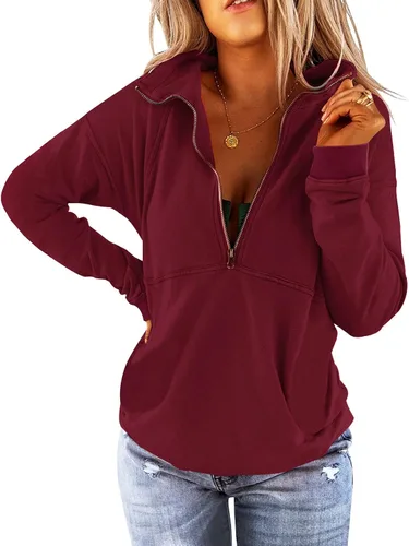 Vista 18 de Floral Find Women's Long Sleeve Lapel Half Zip Up Sweatshirt Solid Stylish Loose Fit Casual Pullover Tops B-Azul marino