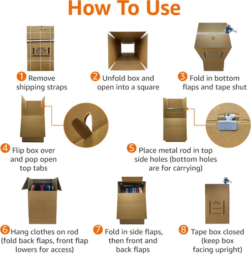 Vista 3 de Amazon Basics Cajas de mudanza para ropa de armario con barra, 20 x 20 x 34 pulgadas, paquete de 3 Con barra de suspensión, para empacar ropa
