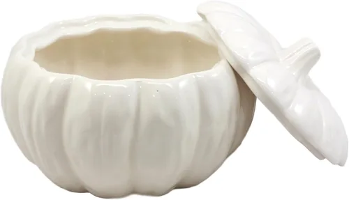 Vista 6 de Ebros Gift Cuenco blanco de cerámica de la calabaza de la cosecha del gres con la tapa 6" diámetro (1)