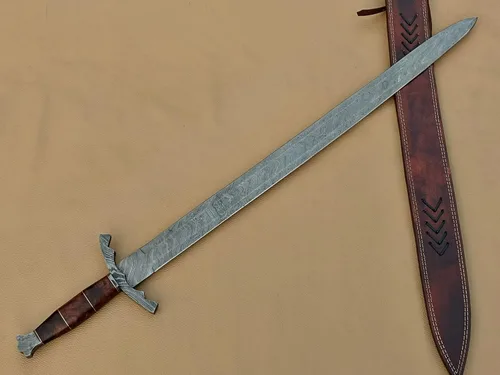 Vista 3 de Espada vikinga de acero de Damasco hecha a mano/espada medieval con funda de cuero.