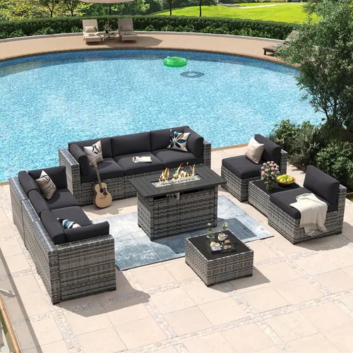 Vista 35 de Aoxun - Juego de 7 piezas de muebles de patio de mimbre de ratán, conjunto de sofá modular para conversación de patio con mesa de café y cojines