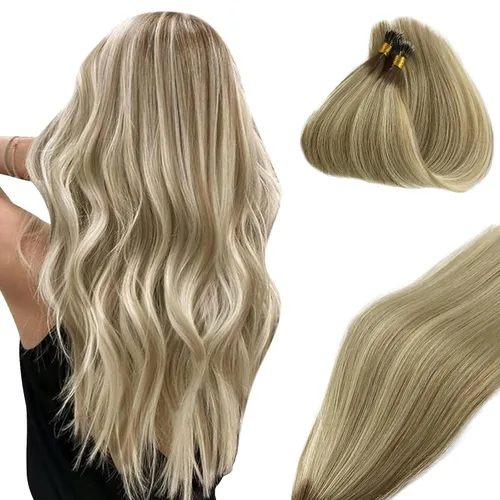 Vista 14 de Extensiones de cabello con micro puntas, 16 pulgadas, balayage, color #18, rubio beige, mezclado #60 rubio platino, extensiones de cabello humano