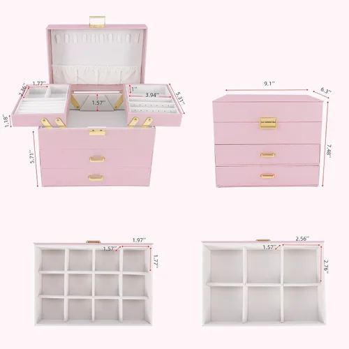 Vista 3 de Dajasan Cajas de joyería para mujeres y niñas, organizador de almacenamiento de joyas, 4 capas, caja organizadora de joyas grande con 2 cajones