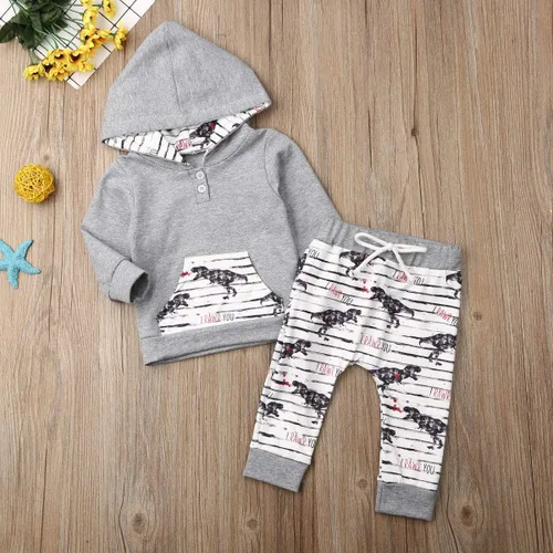 Vista 6 de Conjunto de ropa para bebé niño con capucha para otoño e invierno, pantalones de género neutro de manga larga