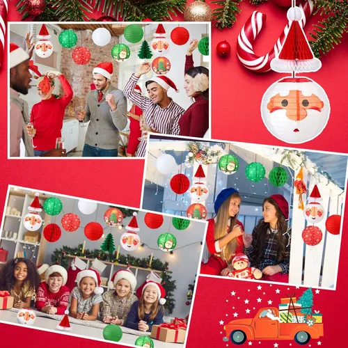 Vista 6 de Juego de 17 linternas de papel colgantes de Navidad 3D para Papá Noel, linterna de papel, sombrero de Papá Noel, árboles de Navidad, bolas de panal