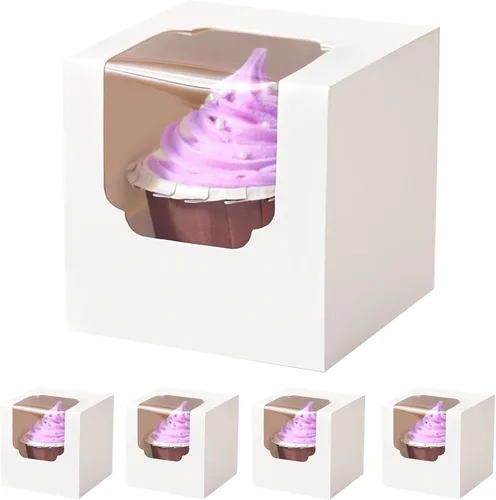 Vista 13 de Cajas para cupcakes para el día de la madre con ventana e insertos, 15 recipientes blancos premontados para cupcakes individuales para el día