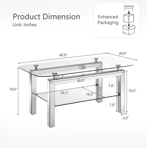 Vista 2 de Mesa auxiliar rectangular con parte superior de vidrio con patas de espejo plateadas para sala de estar, moderna y glamorosa mesa de vidrio templado