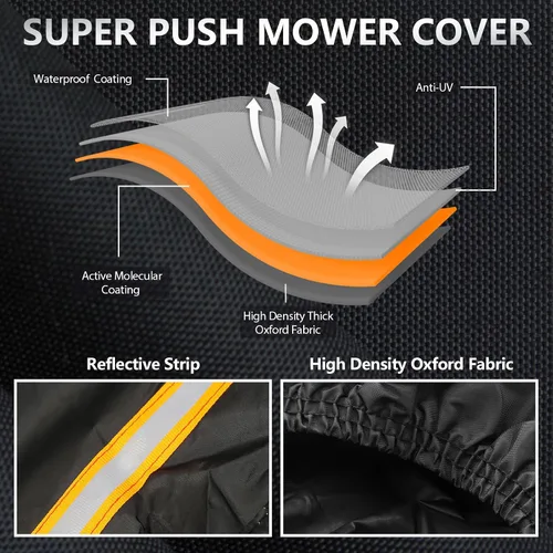 Vista 3 de Funda para cortacésped, resistente con protección impermeable extrema. Tela Oxford resistente y flexible con revestimiento de poliuretano ecológico.