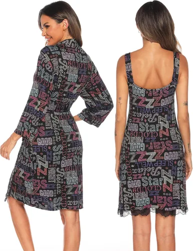 Vista 6 de ENJOYNIGHT Conjunto de bata sexy con cuello en V de 2 piezas para mujer, camisón de lencería con batas, conjunto de pijama de encaje