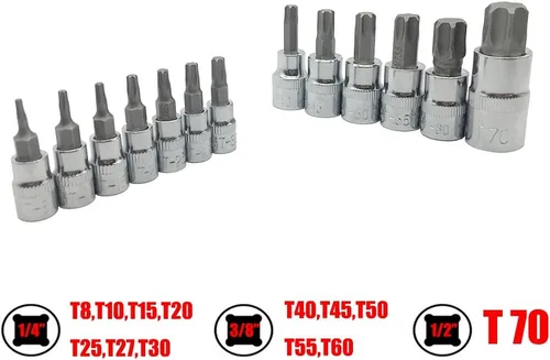 Vista 4 de Mainpoint Star Torx - Juego de llaves de vaso (13 piezas, T8 - T70 CRV, 1/2", 3/8", 1/4")