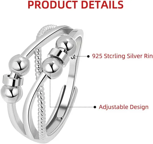 Vista 3 de Anillo de ansiedad para mujer, anillo ajustable de plata de ley 925, anillo giratorio de cuentas con caja de regalo