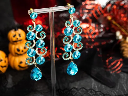 Vista 5 de RareLove Aretes de araña de diamantes de imitación azules, aretes largos colgantes para mujer, cristal de lágrima, aretes de boda para novias