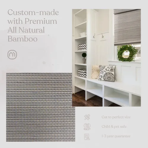 Vista 5 de MOOD Persianas de bambú personalizadas, tejidas, persianas romanas de bambú sin cordones para ventanas y puertas (tejido natural), tejido gris