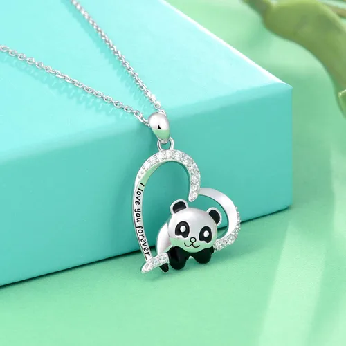 Vista 4 de ACJNA 925 Sterling Silver Panda Bear Necklace Bamboo Heart Pendant Engraved I love You Forever Women Jewelry