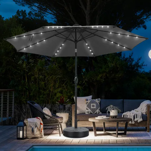 Vista 13 de Sombrilla solar de patio de 10 pies con base, 32 luces LED, sombrilla de mercado al aire libre con botón de inclinación y grietas para jardín Azul