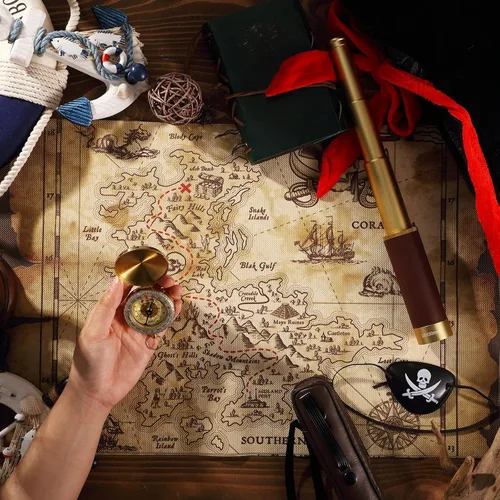 Vista 7 de Telescopio monocular pirata, mapa del tesoro, brújula, sombrero pirata, estampado de calavera, disfraz de capitán, 5 piezas de recuerdos de fiesta