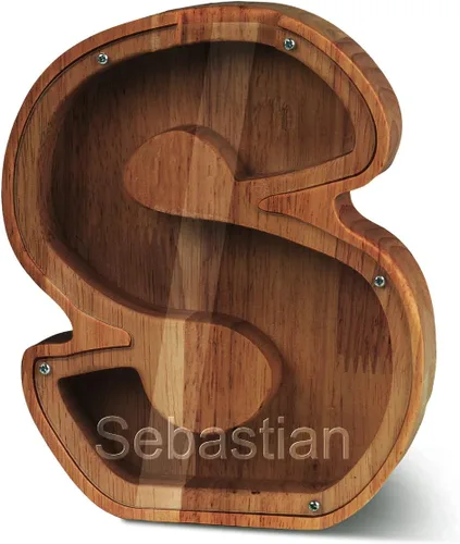 Vista 15 de Alcancía con nombre personalizado, 26 letras láser con texto personalizado, banco de monedas de madera, significado educativo, alcancía con nombre