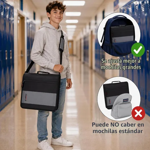 Vista 8 de Case-It - Clásica carpeta con cremallera, con argollas de 2 pulgadas, múltiples bolsillos, capacidad para 800 hojas, correa de hombro - Negro Un